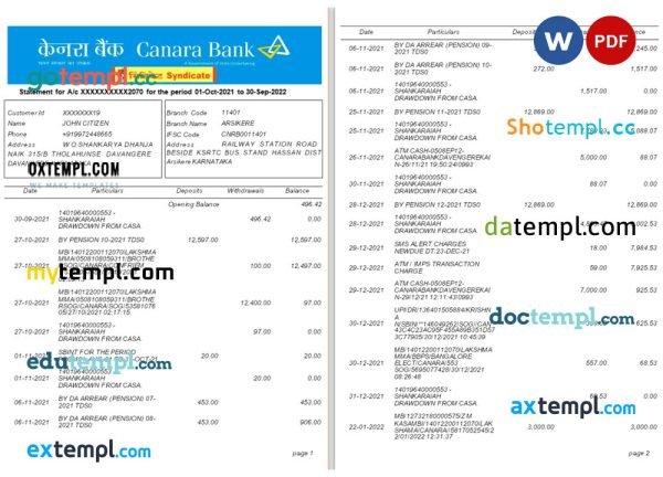 India Canara bank statement Word and PDF template, 5 pages