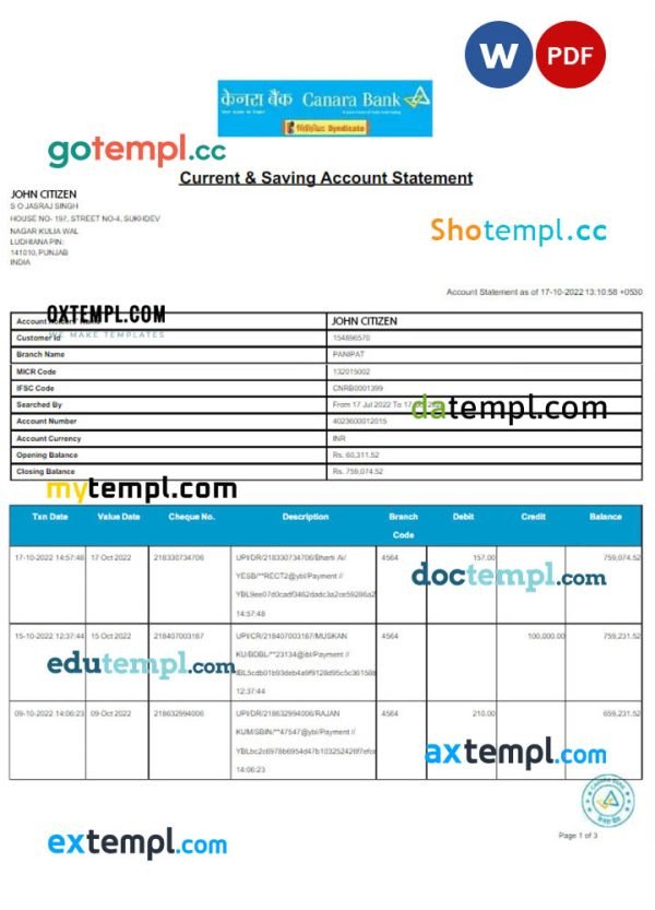 India Canara bank statement Word and PDF template, 24 pages