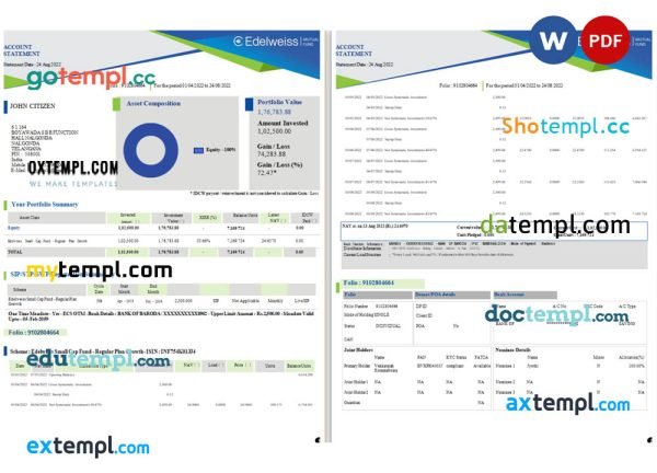 India Edelweiss bank statement Word and PDF template, 3 pages