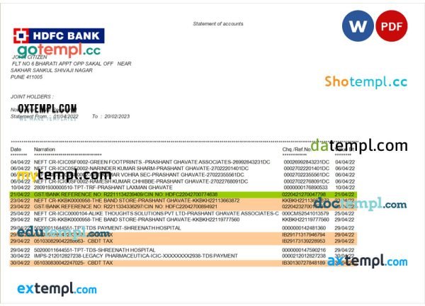 India HDFC bank statement template, 2 pages, version 2