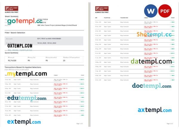 India IDFC bank statement Word and PDF template, 3 pages, version 2