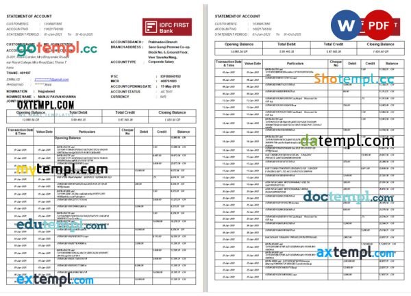 India IDFC bank statement Word and PDF template, 8 pages