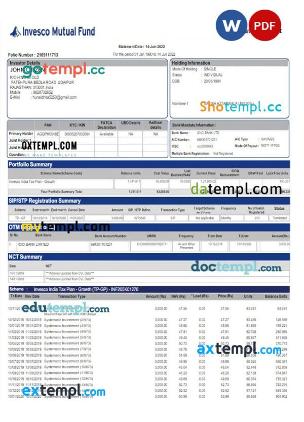 INDIA INVESCO MUTUAL FUND bank statement Word and PDF template