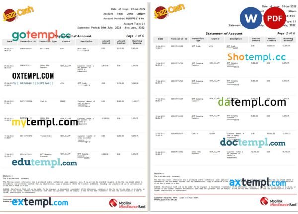 India Jazz Cash bank statement Word and PDF template, 6 pages