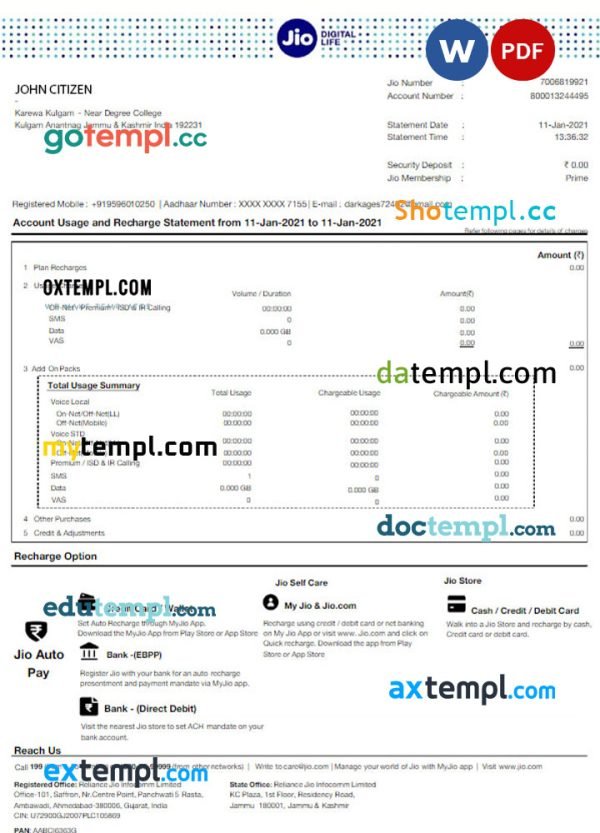 INDIA JIO DIGITAL LIFE bank statement Word and PDF template, version 2