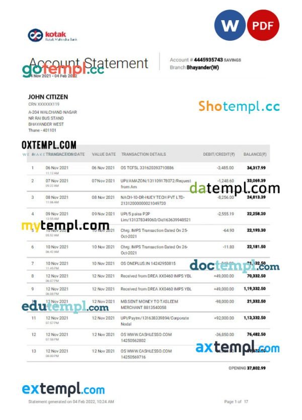 INDIA KOTAK bank statement Word and PDF template