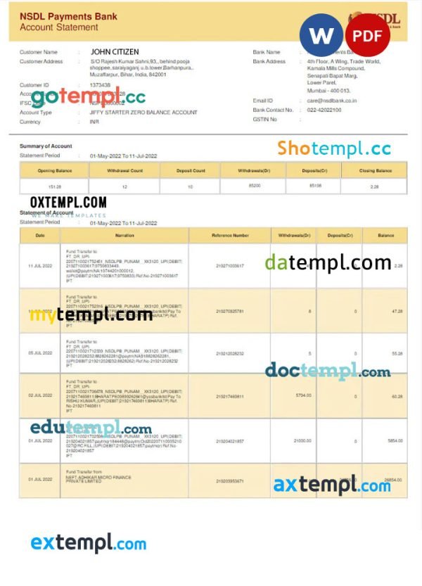 INDIA NSDL bank statement Word and PDF template