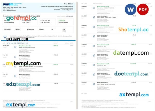 India PayTM Payments bank statement Word and PDF template, 2 pages