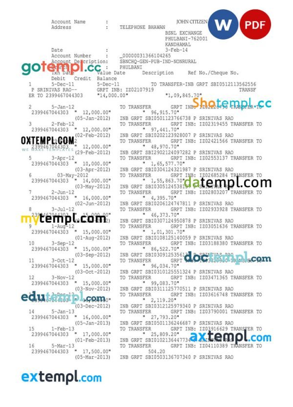 INDIA PHULBANI BANK OF INDIA statement Word and PDF template