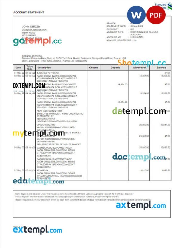 INDIA STANDARD CHARTERED bank statement Word and PDF template