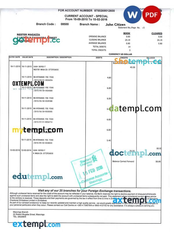 INDIA STANDARD CHARTERED bank statement Word and PDF template, version 2