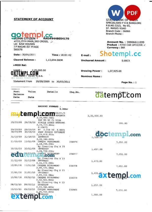 INDIA STATE BANK OF INDIA bank statement Word and PDF template, version 3