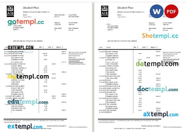 Ireland AIB bank statement Word and PDF template, 6 pages