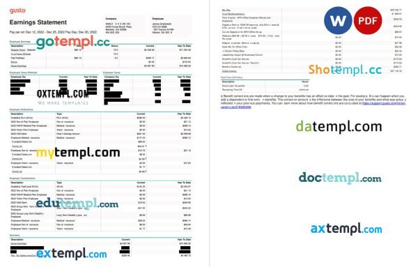 Gusto earnings statement Word and PDF template