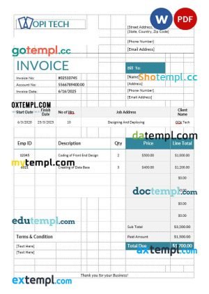 Job Invoice template in word and pdf format