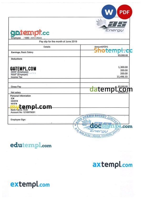 KENYA AINU Shamsi Energy Limited payslip template in Word and PDF formats