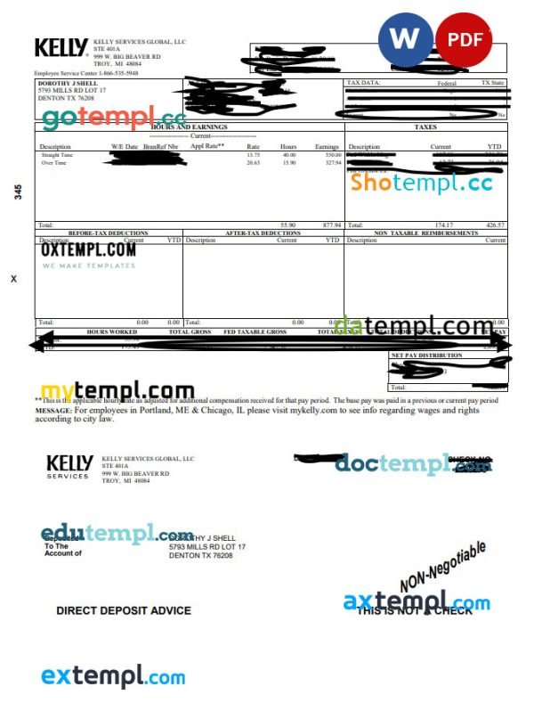 Kelly services paystub Word and PDF template