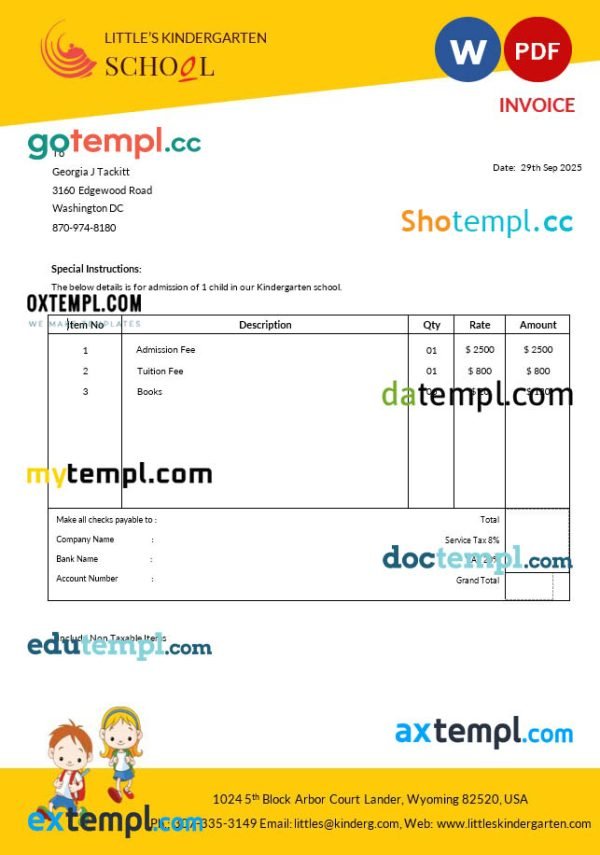 Kindergarten School Invoice template in word and pdf format