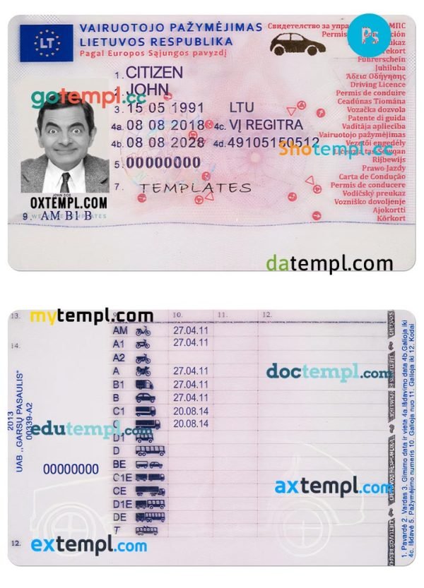 Lithuania driving license template in PSD format, 2013 – present