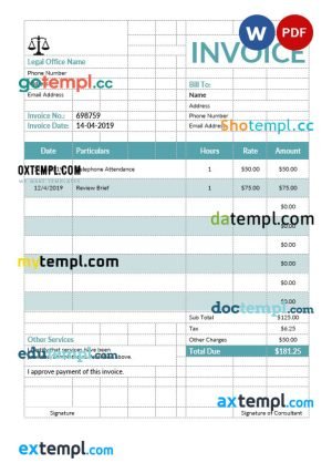 Legal consulting invoice template in word and pdf format