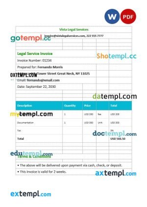 Legal Services Invoice template in word and pdf format