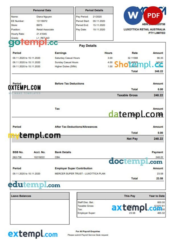 Luxottica Retail Paystub Word and PDF template