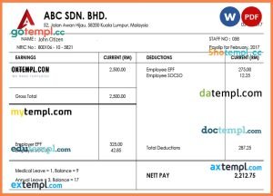 MALAYSIA ABC SDN. BHD. pay stub Word and PDF template