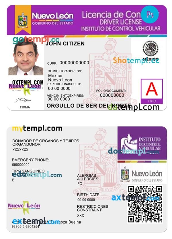 Mexico Nuevo Leon driving license template in PSD format, fully editable