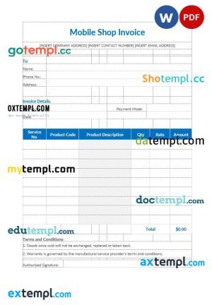 Mobile shop invoice template in word and pdf format