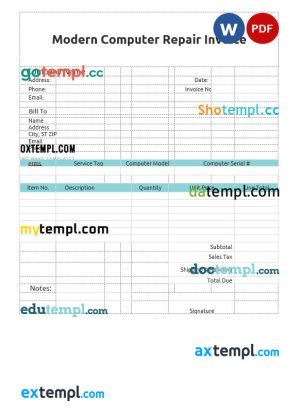 Modern Computer Repair Invoice template in word and pdf format