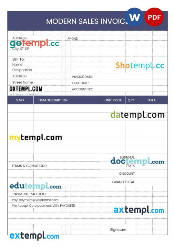 Modern Sales Invoice template in word and pdf format