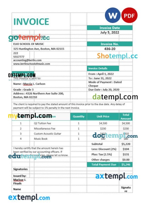 Music School Invoice template in word and pdf format