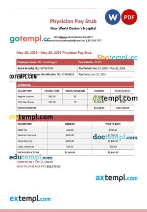 USA healthcare company employee sheet template in Word and PDF format