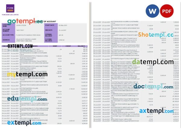 Nigeria FCMB bank statement Word and PDF template, 6 pages