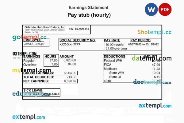 ORLANDO HUB REAL ESTATE inc earnings statement template in PDF and Word format