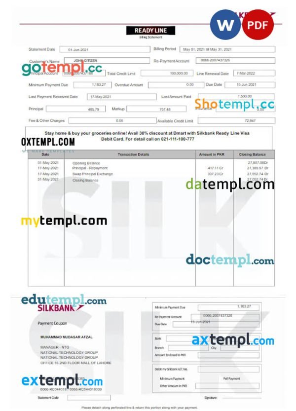 PAKISTAN SILKBANK statement Word and PDF template