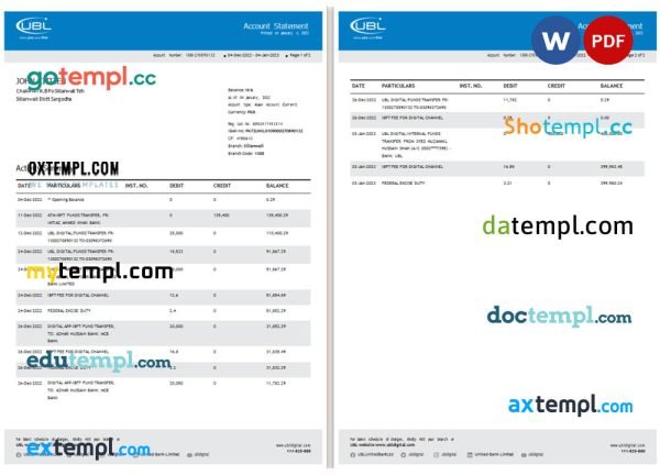 Pakistan UBL bank statement Word and PDF template, 2 pages