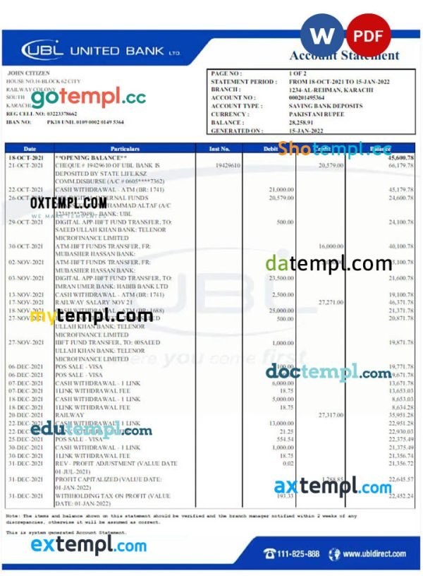 Pakistan UBL bank statement Word and PDF template