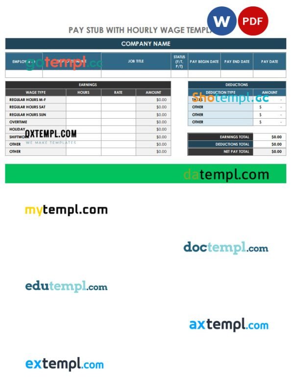 Hourly wage paystub Word and PDF template, version 2