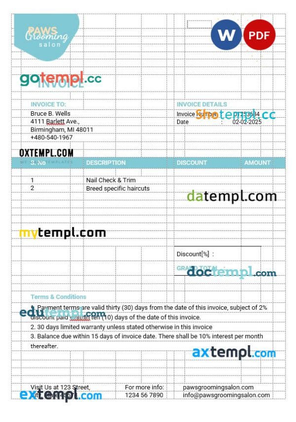 Pet Grooming Invoice template in word and pdf format