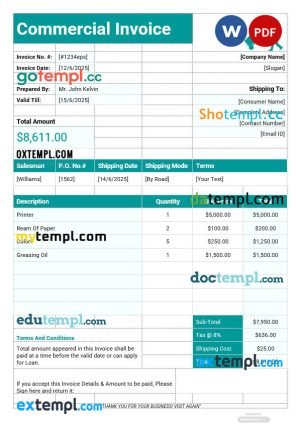 Printable Commercial Invoice template in word and pdf format