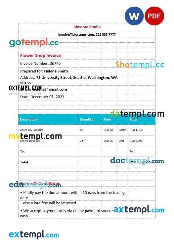 Printable Flower Shop Invoice template in word and pdf format