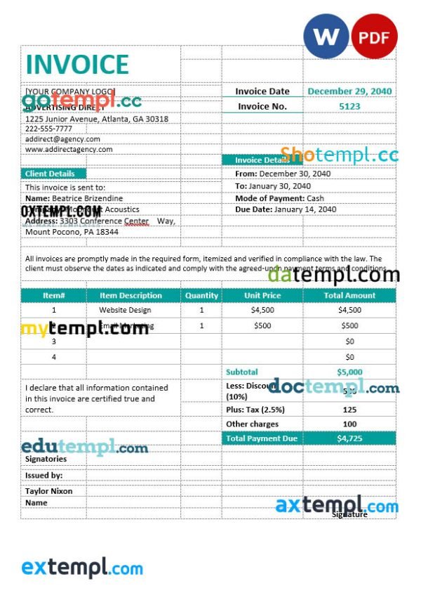 Professional Agency Invoice template in word and pdf format