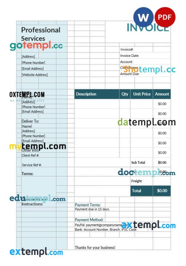 Professional services invoice template in word and pdf format