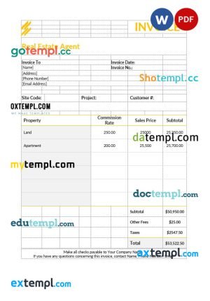 Real Estate Agent Invoice template in word and pdf format