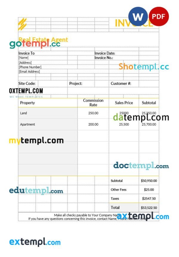 Real Estate Agent Invoice template in word and pdf format