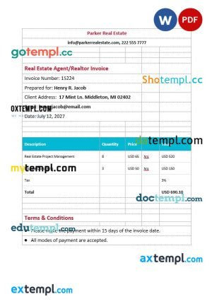 Real Estate AgentRealtor Invoice template in word and pdf format
