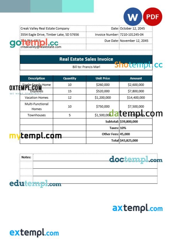 Real Estate Sales Invoice template in word and pdf format