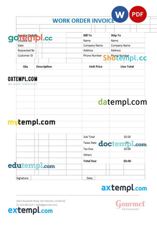 Restaurant Work Order Invoice template in word and pdf format