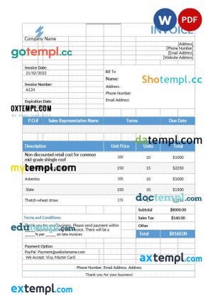 Roofing invoice template in word and pdf format
